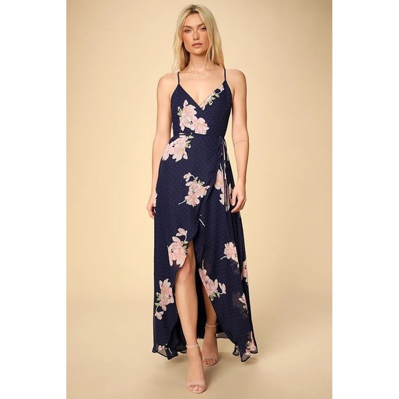 Lulus Dresses & Skirts - Lulus‎ Navy Blue Floral Polka Dot Loiselle Wrap Boho Romantic Maxi Dress Size M